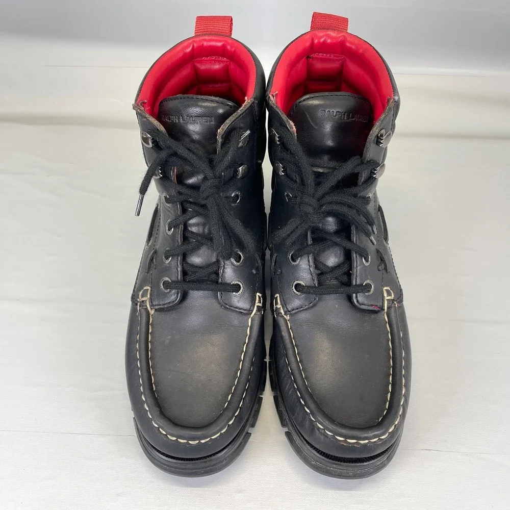 Vtg Ralph Lauren Ranger Boots Womens Size 8 B Black Leather Lace Up Hiking Shoes
